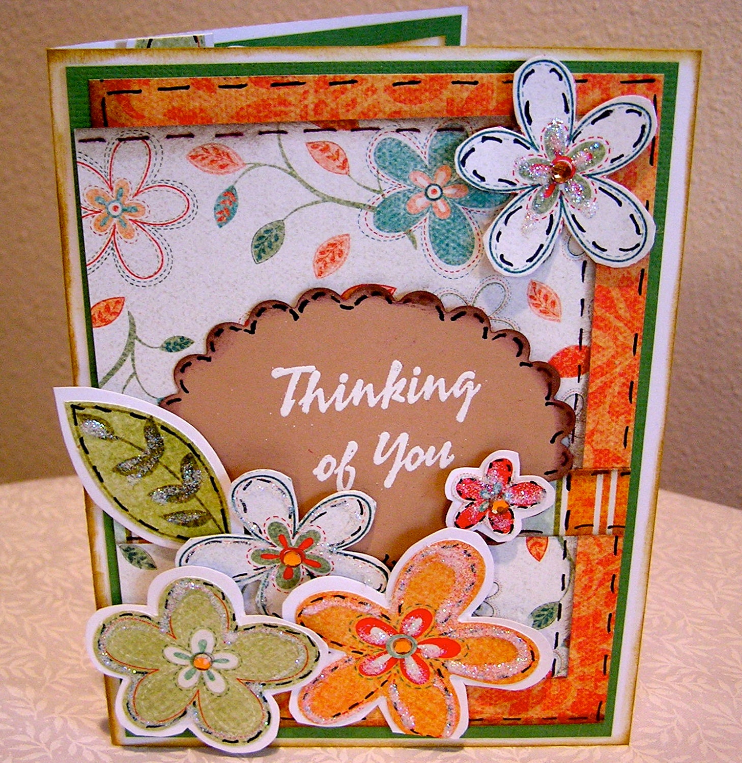 Handmade Greeting Card - Orange and Green Flowers Thinking Of You