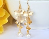 Gold Bridal Earrings - Triple Orchid Pearl Earrings - Flower Bridesmaids Dangle Earrings - White Or Cream Swarovski Pearls