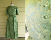 1960s Brocade Dress Set / 60s Green and Gold Brocade Gown