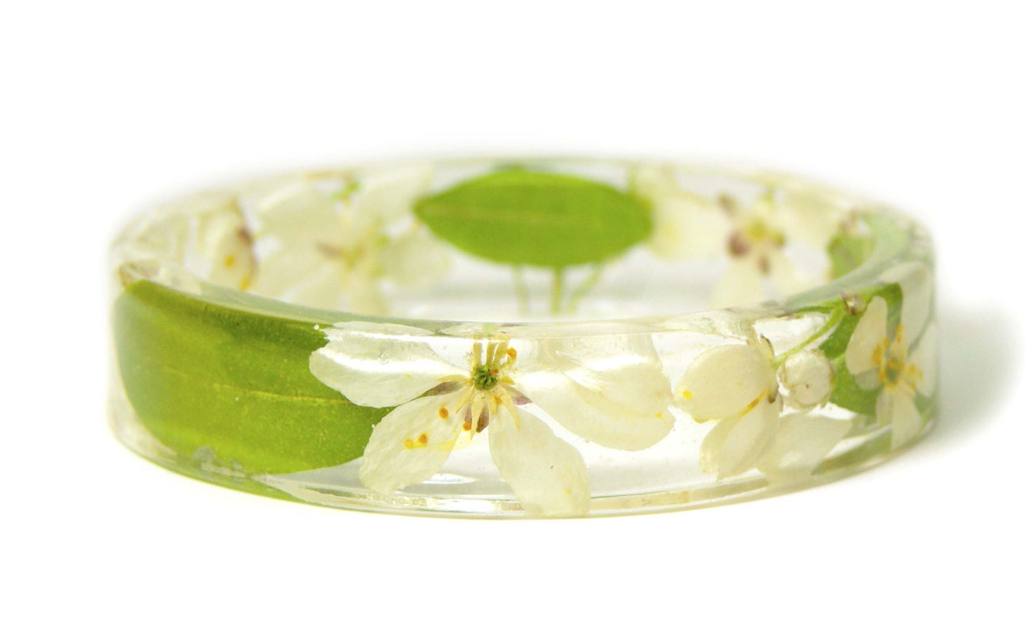 Flower Jewelry- Resin Flower Jewelry- Jewelry with Real Flowers- Dried Flowers- White Flowers- Green  Bracelet-Resin Jewelry-Green Bracelet