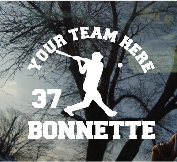 Vinyl Car Window Decal 6w x 5h - Baseball J Personalized Baseball Team Decal with Team Name and Student'sName sports