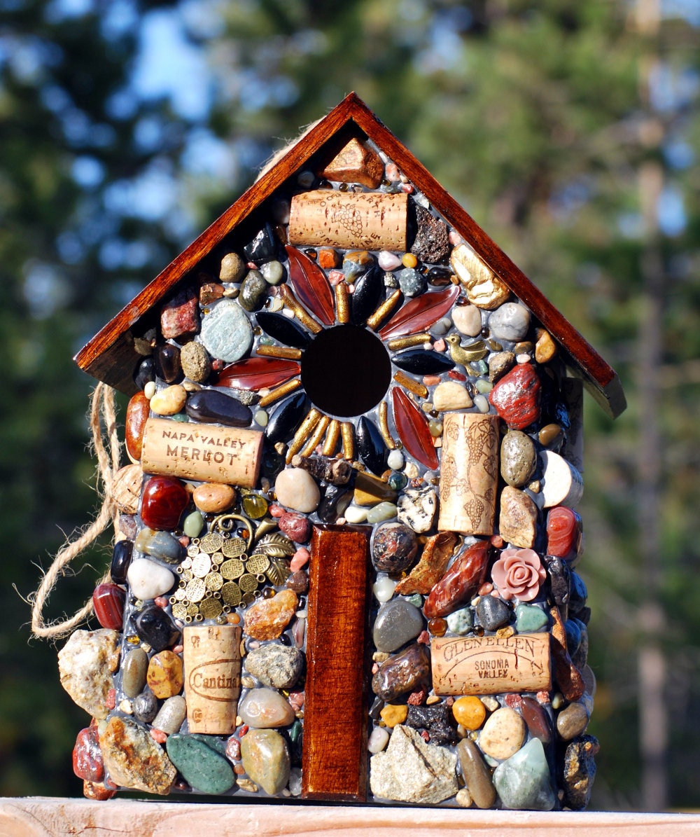 Outdoor Birdhouse Large Mosaic Stone for Wine Lovers