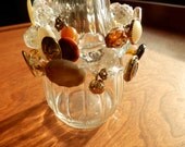 Sparkling Antique Golden, Clear and Cream Vintage Buttons-Clear Beads Memory Wire Coil Wrap Around Bracelet-Bling-Stacked-One of a Kind