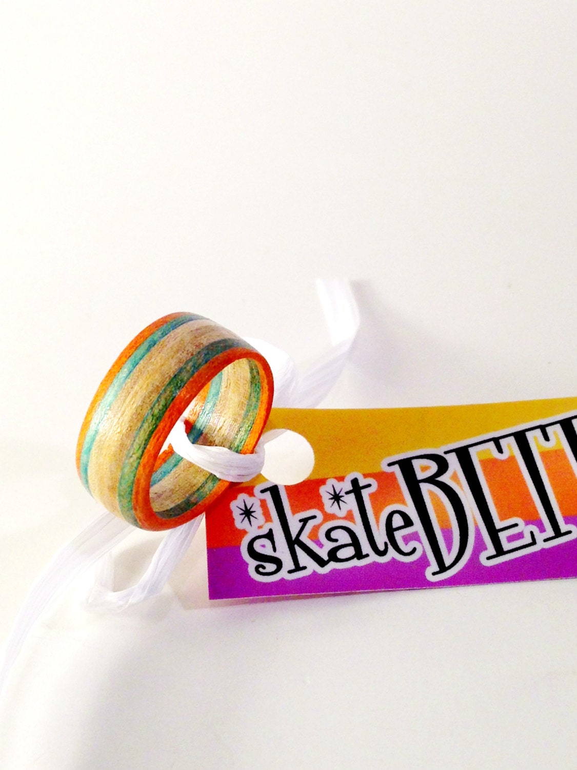 Recycled Skateboard Wood Ring Teal & Tangerine