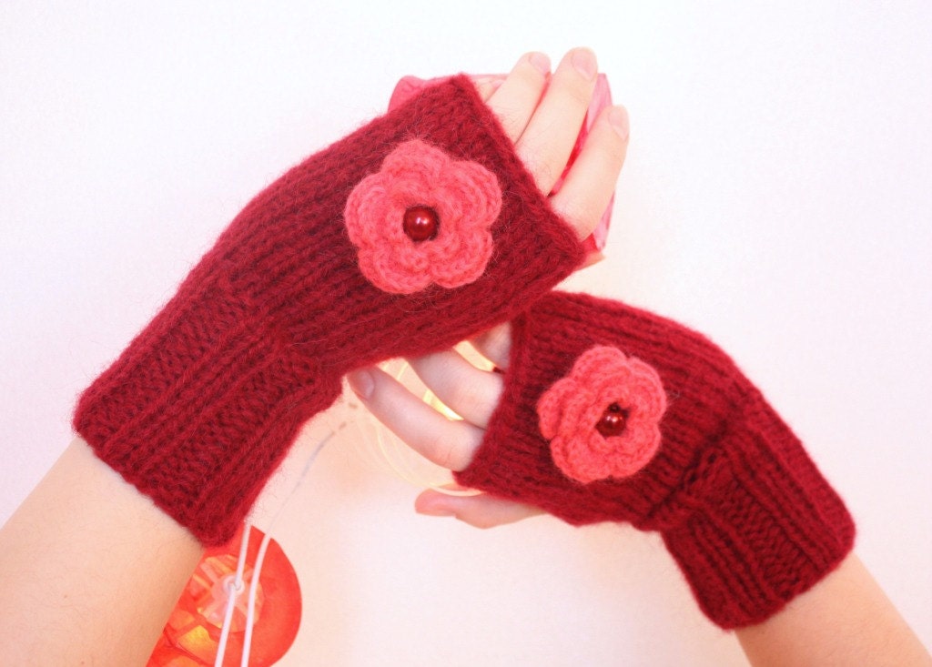 Hand Knit Fingerless Gloves Fingerless Mittens Red Pink Crochet Valentines Day Arm Warmers Gift For Her