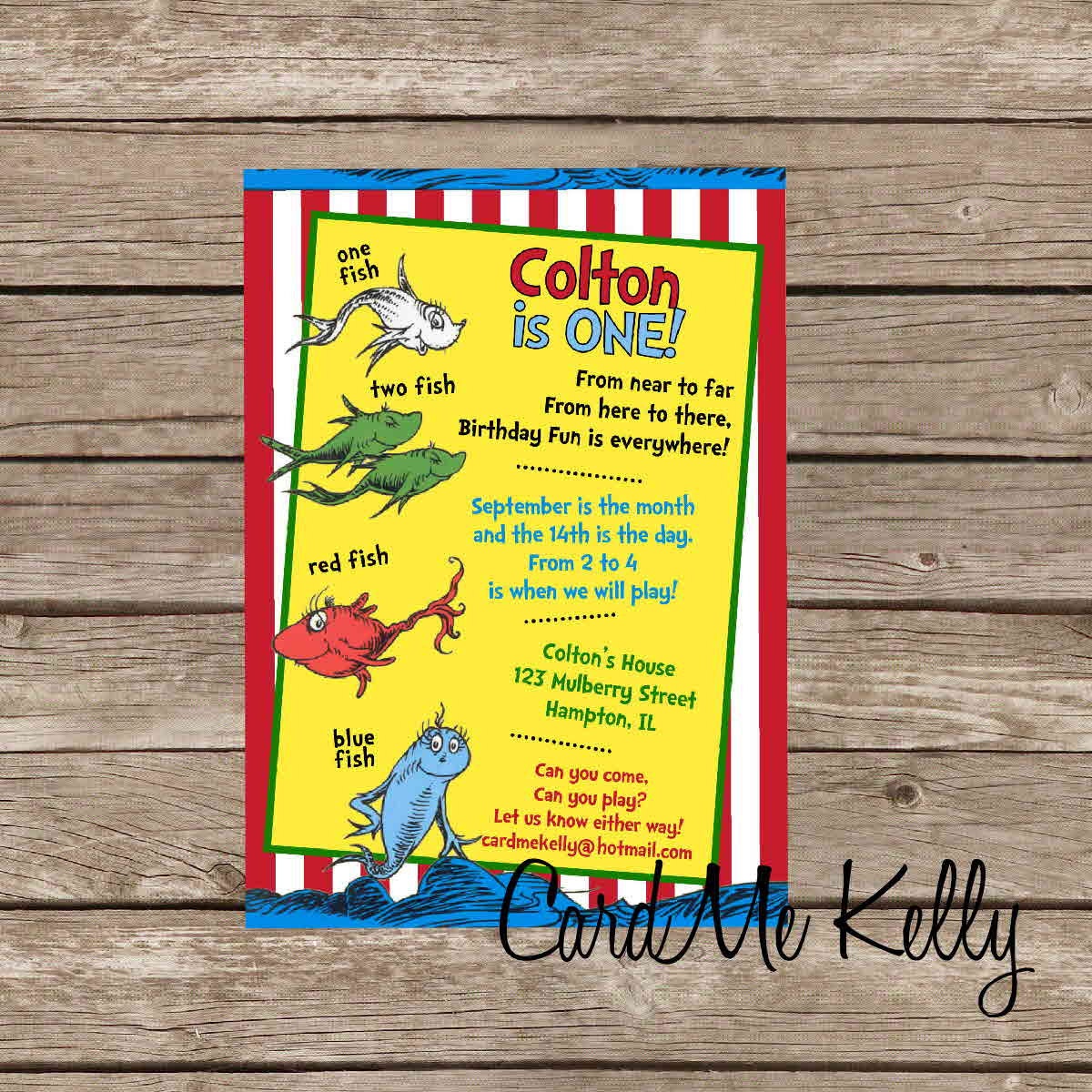 Printable Yellow or White Dr. Seuss One Fish Two Fish 1 fish 2 fish Red Fish Blue Fish Inspired Birthday Invitation- Digital File
