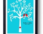 Personalized Wedding Gift, Love Birds in Rustic Tree  Wedding Date Art, Turquoise Red