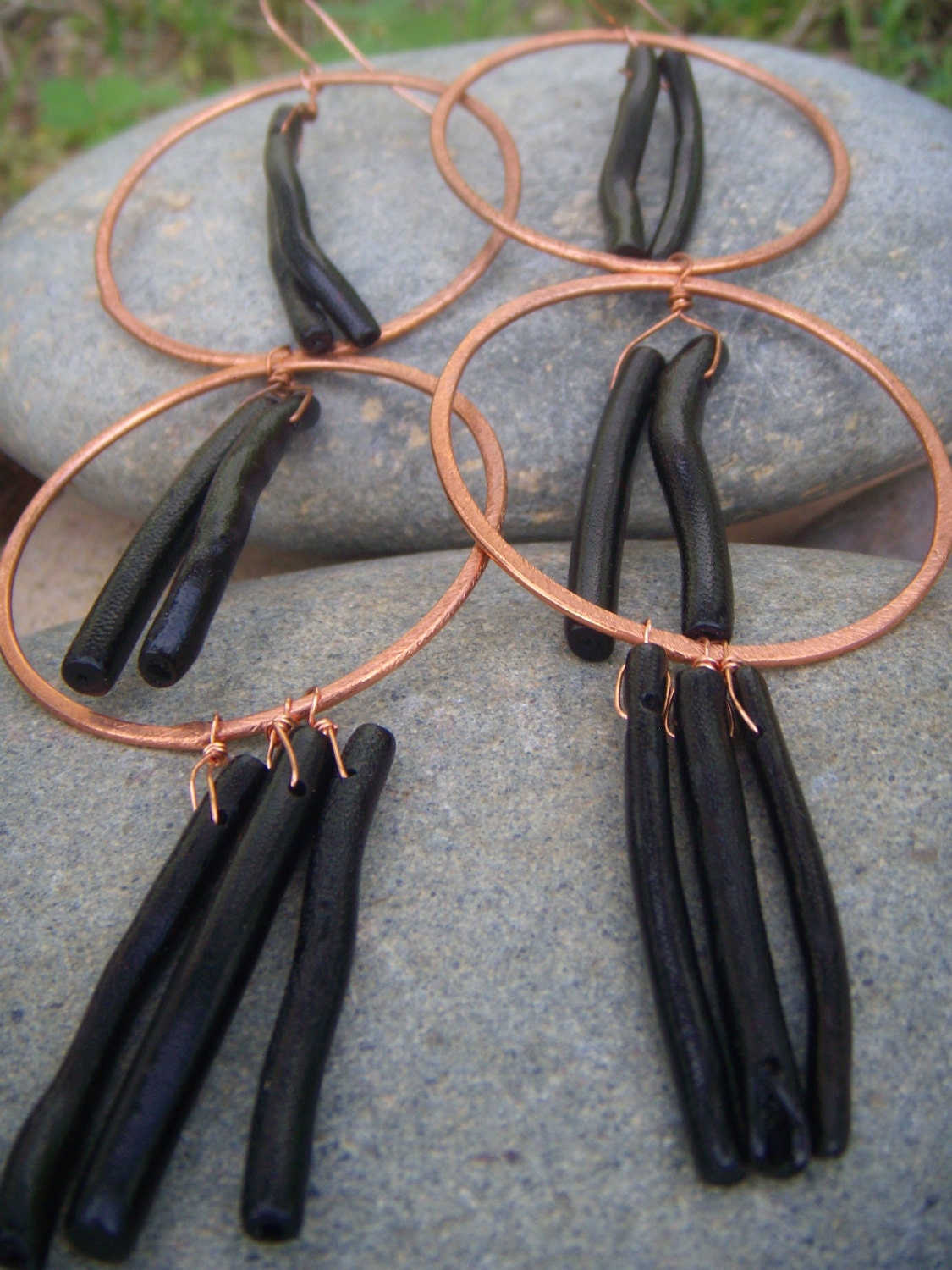 Extra Long Dangle Earrings - Black Coral Earrings - Hammered Copper - Hoop Earrings- Dramatic