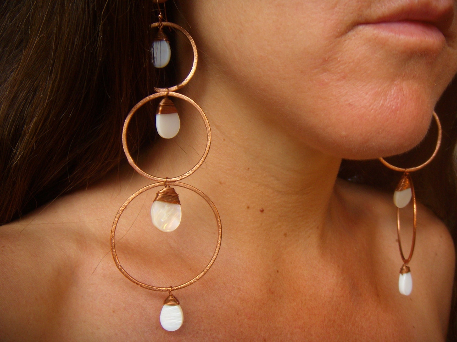 Extra Long Dangle Earrings - Mother of Pearl Shell Earrrings - Copper Earrings - Hoop Earrings- Dramatic Earrings