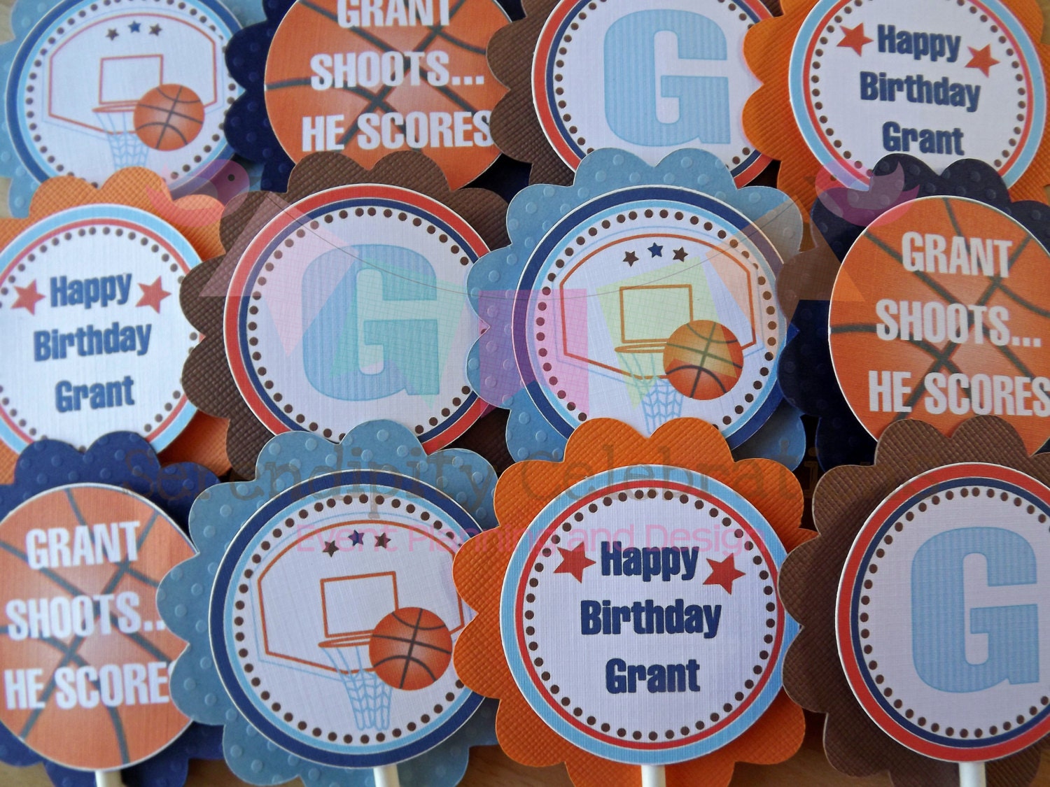 Blue, Brown, Orange Basketball: Cupcake Toppers Il_570xn