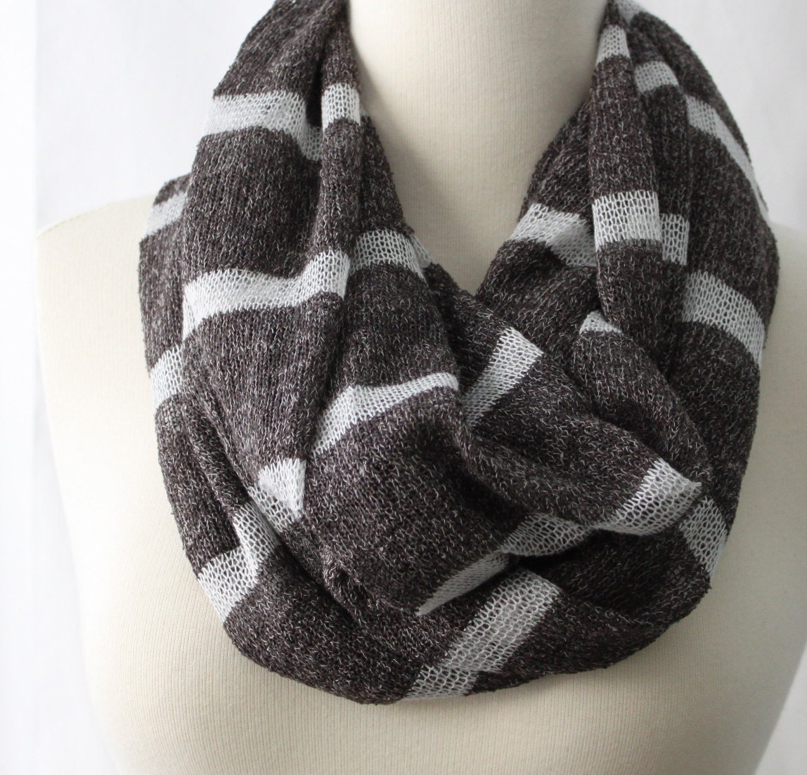 Infinity Scarf Gray and White Stripe - Gray Striped Scarf