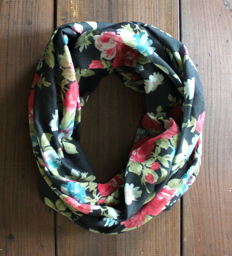 Infinity Scarf - Black Floral - Loop Scarf - Eternity Scarf - Circle Scarf