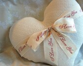 Ivory Puffed Heart Pillow w/ Hand Stamped I Love You Fabric Ribbon (Qulited Fabric/ Decorative Heart) Mother's Day Gifts