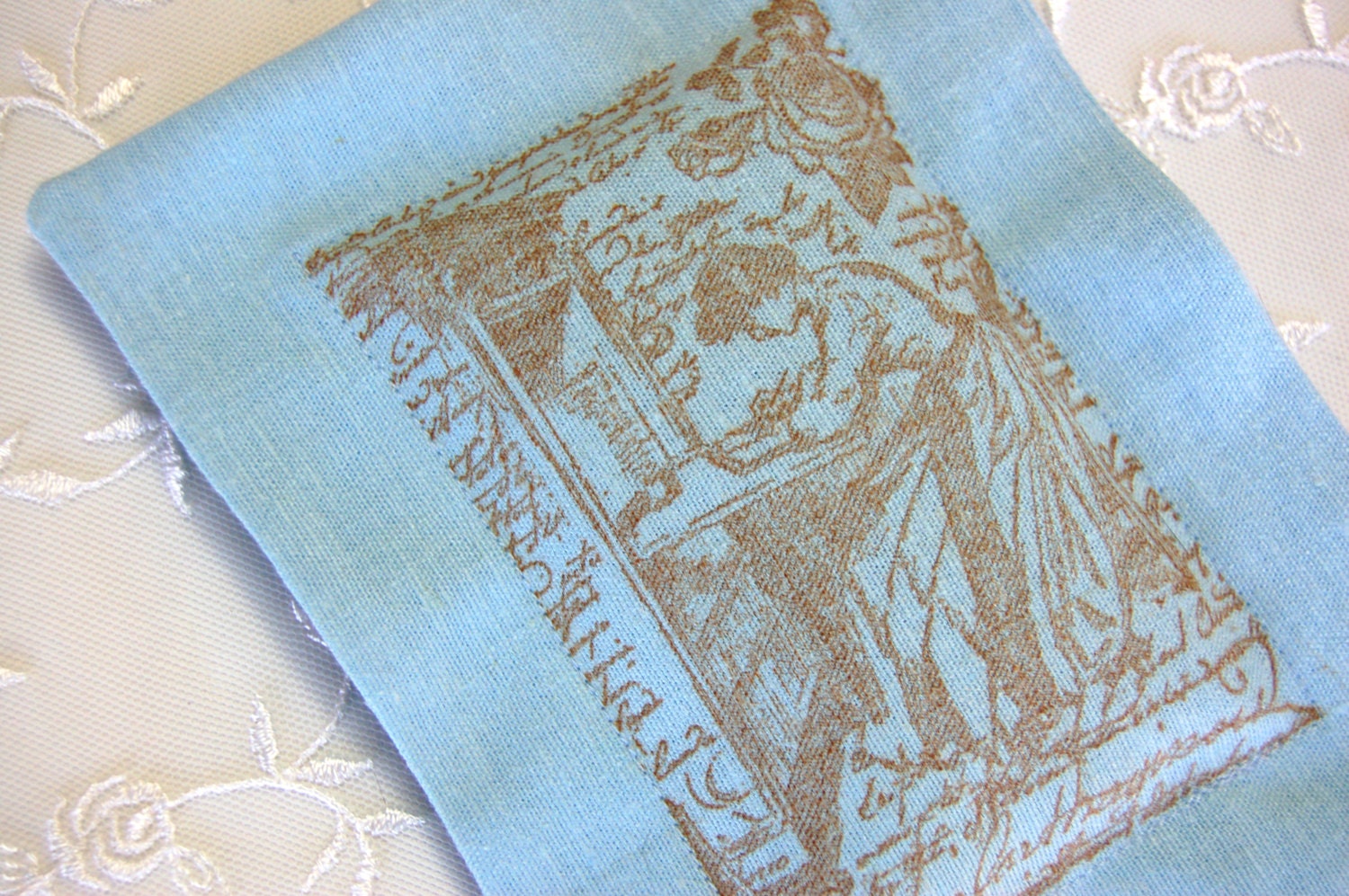 Lavender Sachet- Woman at her Writing Desk w/ Script and Roses, on Soft Blue Linen (Gifts under 10 dollars) Jane Austen/ Mother's Day Gifts