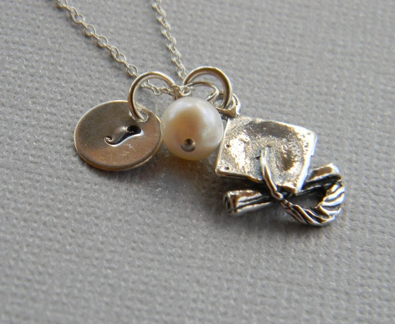 Graduation Necklace - Class of 2013 - Senior Necklace - Hand Stamped Sterling Silver Charm Necklace - Initial Disc -Pearl - Personalized