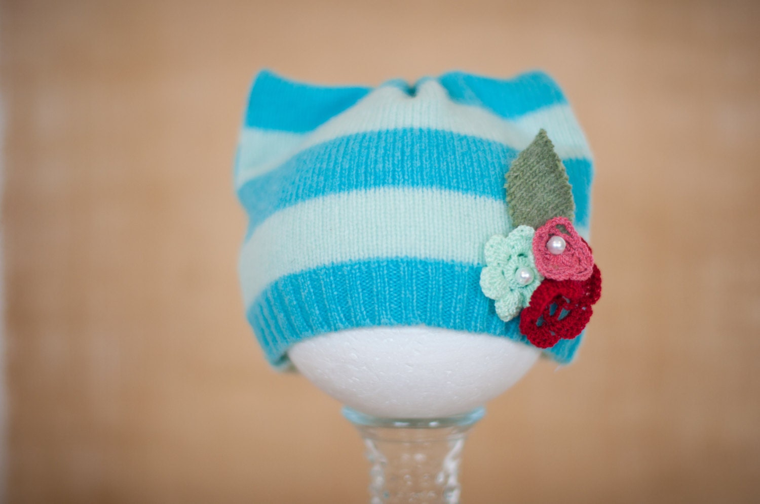 Sweet Stripes Kitty Newborn Hat, Upcycled Cashmere, Ready to ship