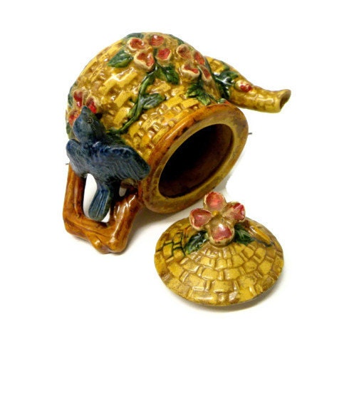 Basket Weave Dogwood Vintage Decorative Tea Pot with Blue Bird and Rosewood Flowers
