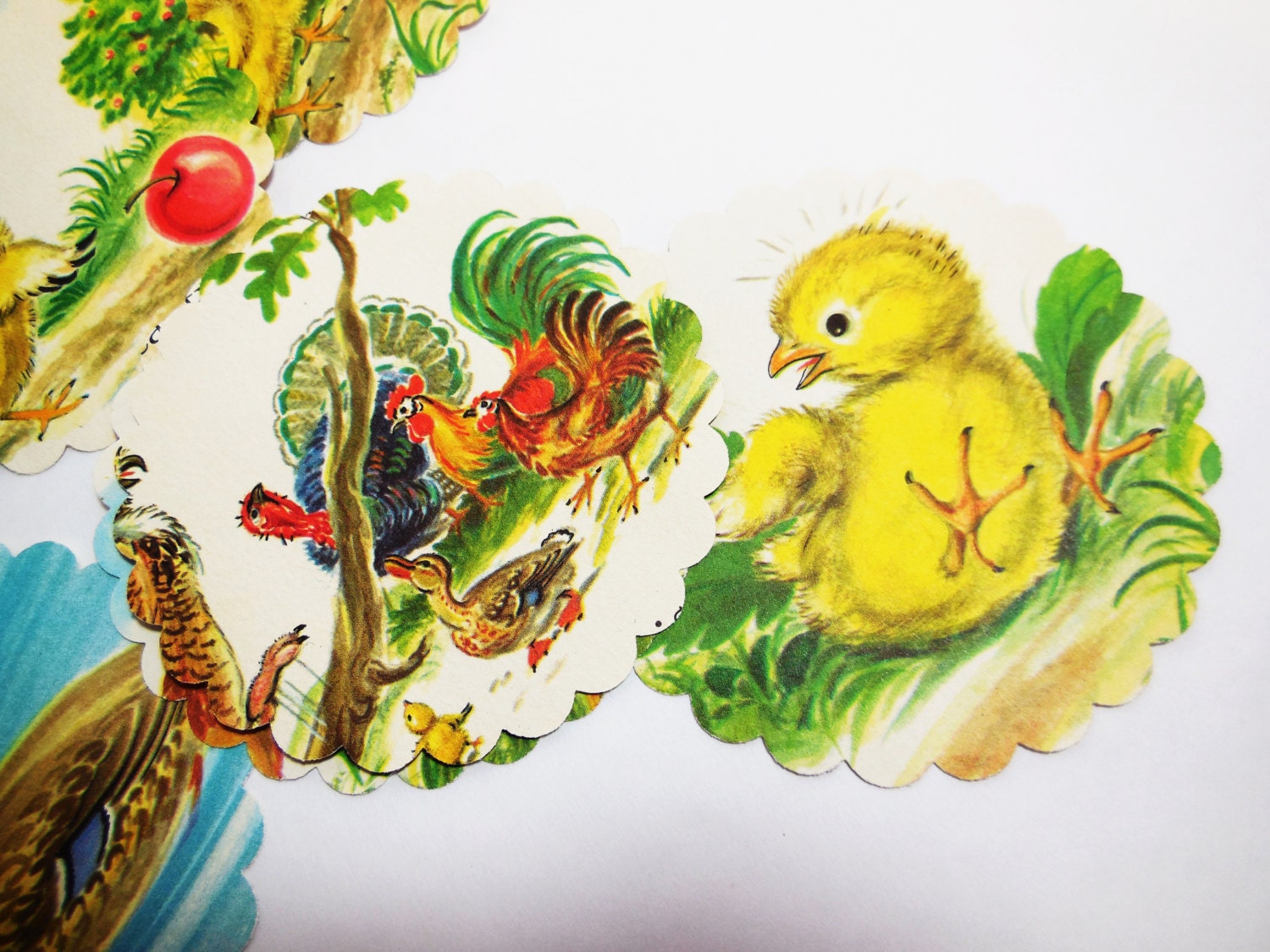 Spring Chicks - 14 Round Scallop Edge Cut Outs - Scrapbook Collage - Supplies