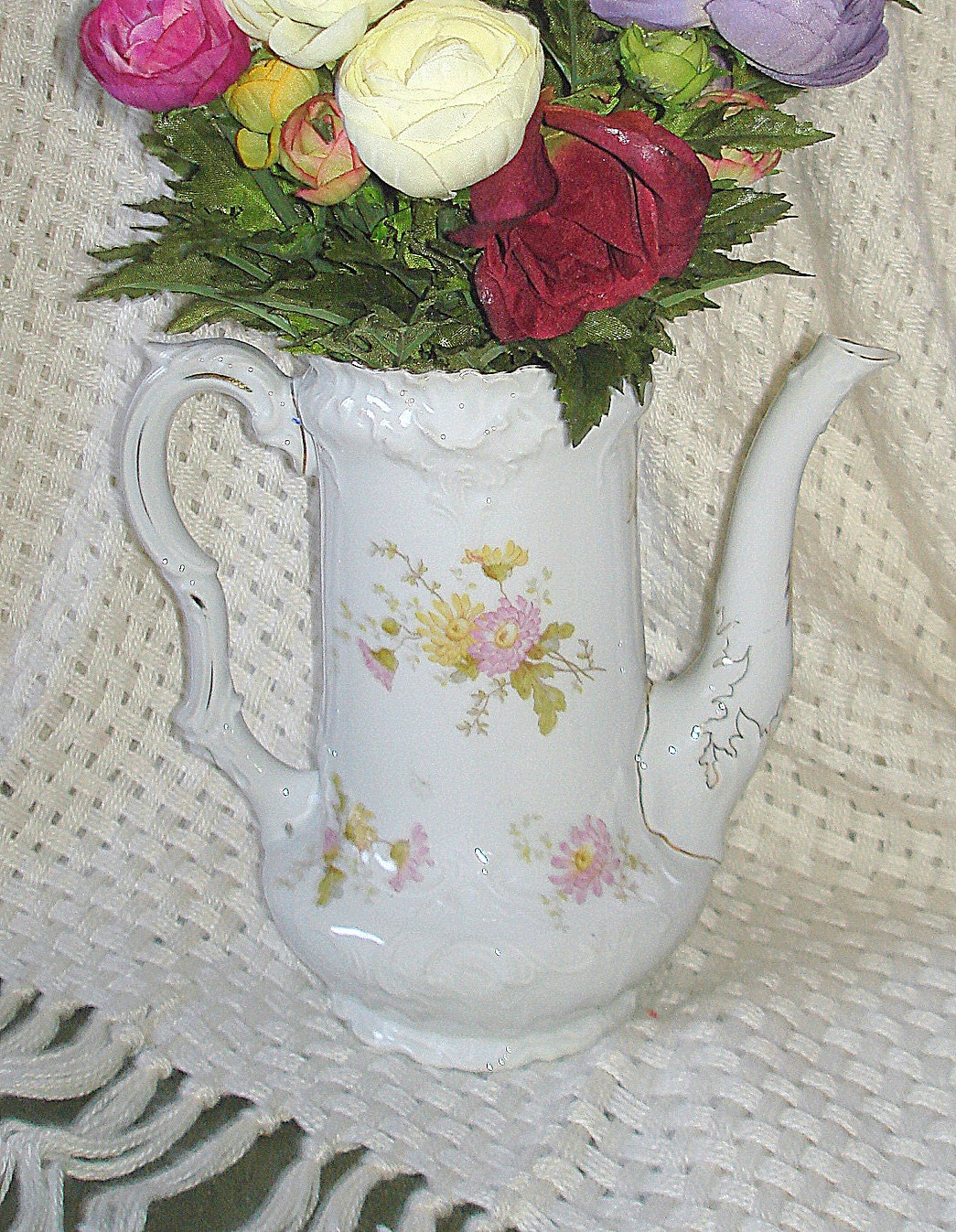 Vintage Bavarian Coffee Pot or Vase.  Porcelain.  Delicate Pink Floral Pattern. Ornate Desgn
