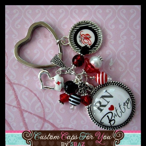 PERSONALIZED Name, Initial or Acronym Glass Bezel Pendant With Additional Custom Charm Necklace Or Keychain With Matching Beads