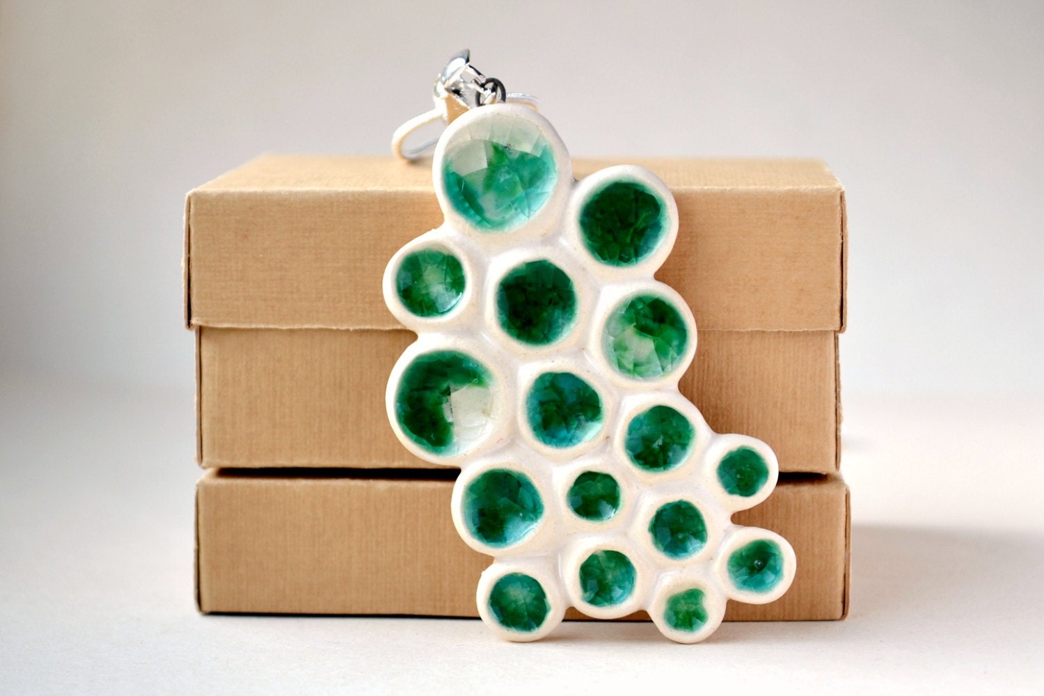 Earth -Fresh green - Glass fused ceramic bib necklace with sterling silver 925 chain, ceramic glass, green glass - white  green Etsy UK