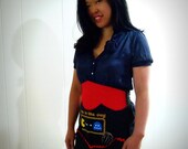retro apron pac man cute half apron upcycled cafe apron red gaberdine waistband heart pockets