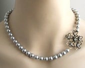 Vintage brooch pearl asymmetrical necklace, OOAK statement wedding bridal jewelry, vintage brooch gray Swarovski pearls