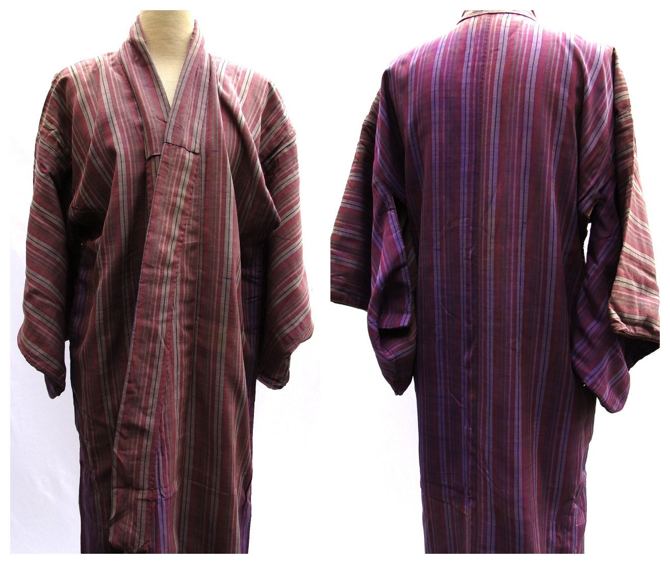 Antique Cotton Peasant Kimono. Japanese Meiji Taisho Era Robe. Purple Stripe Noragi (Ref: 208)