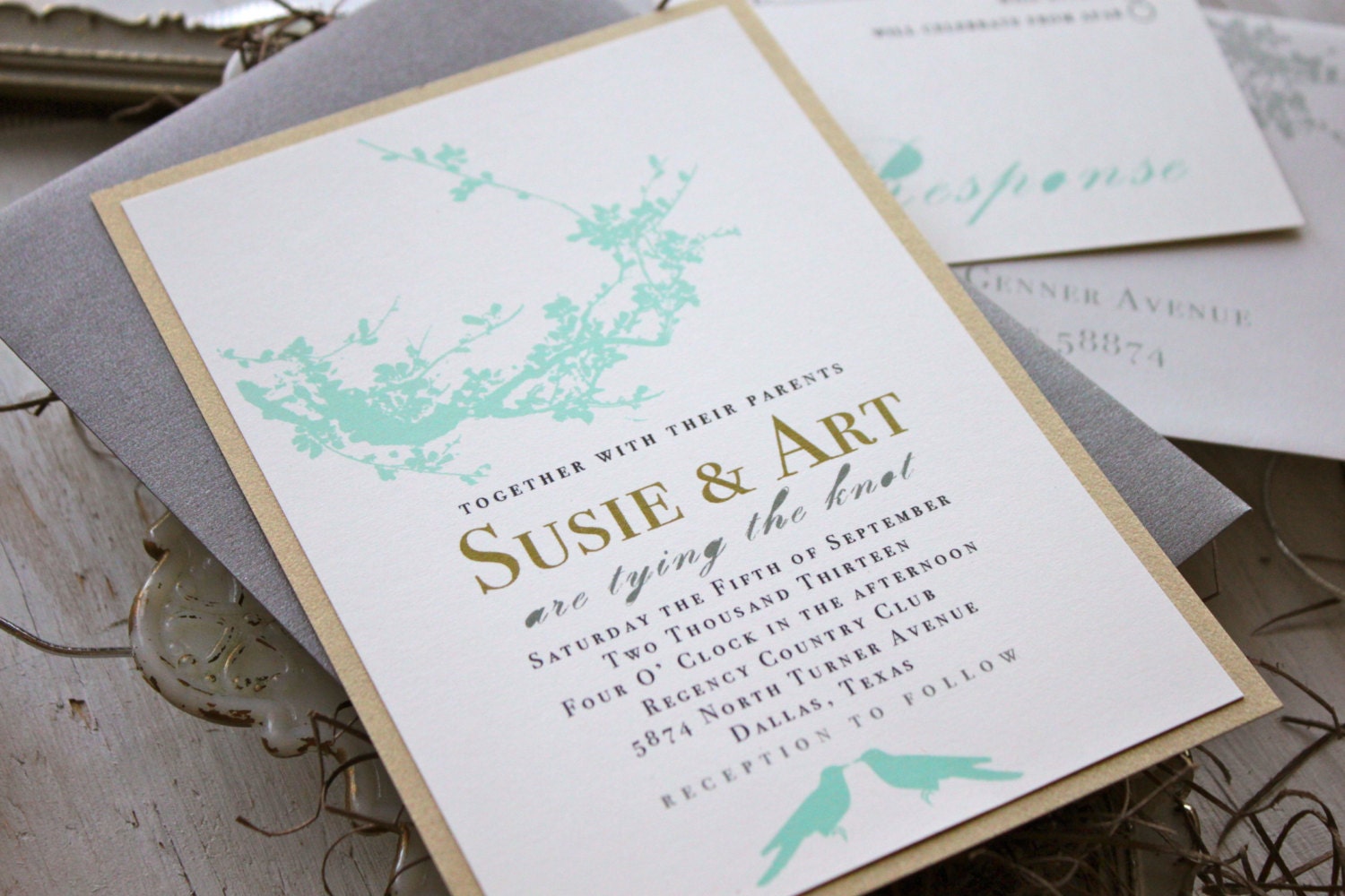 Mint Love Birds - Modern Mint Green Wedding Invitations, Seafoam Green, Art Deco, Vintage - Sample