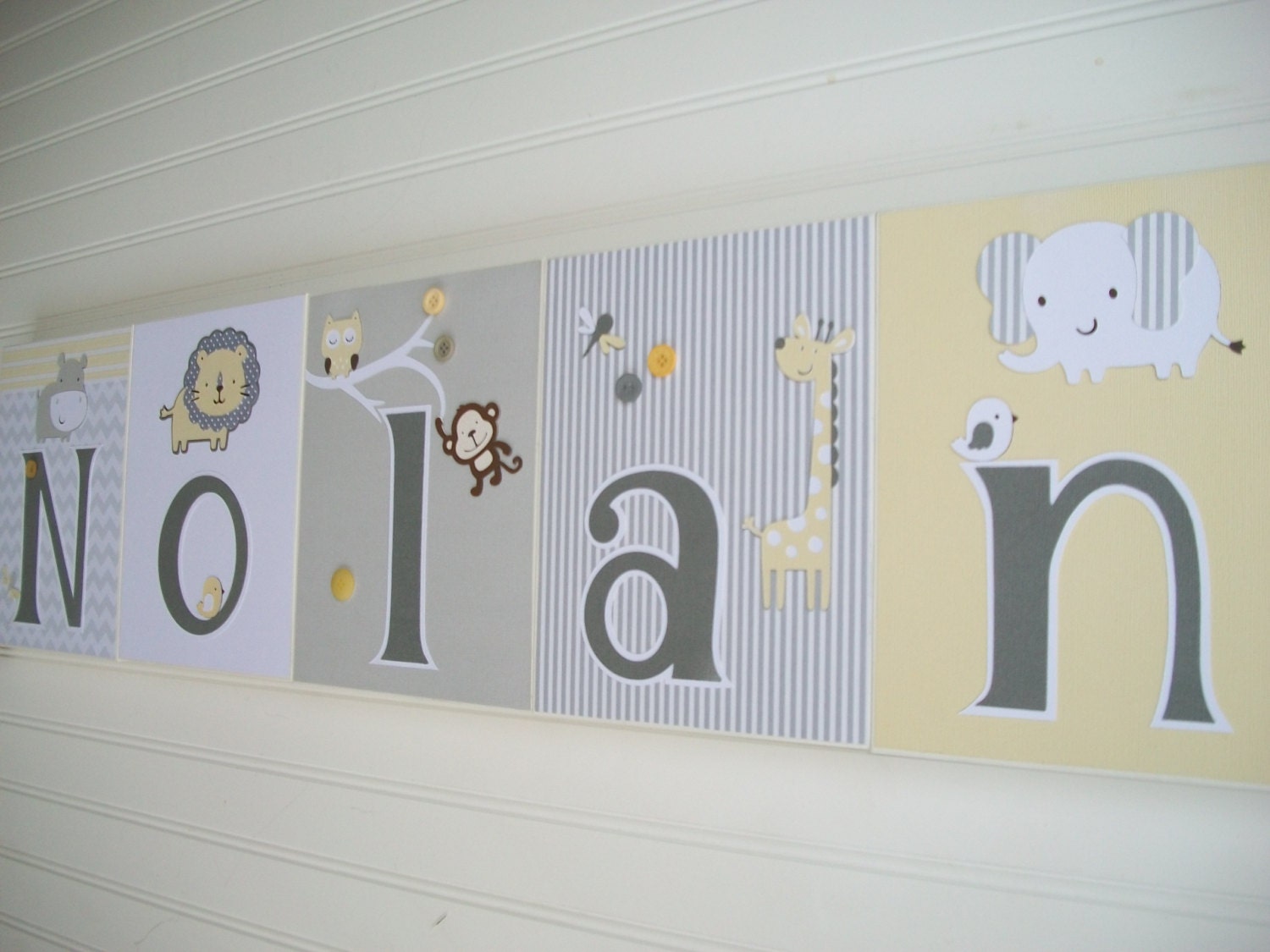 Personalized Name Blocks- Letters -Extra Large Letter Blocks.Grey Yellow and White. Safari.Jungle