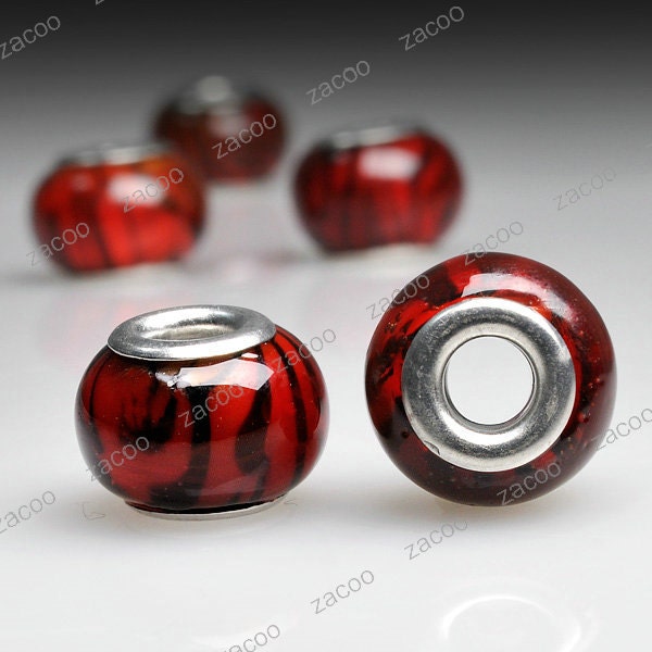 5pcs Lampwork Glass Large Hole Beads Red with Black Strip 14x14mm LB0118