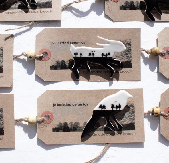 Bird and hare brooches-hand painted porcelain silhouette landscape-black and white