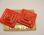 vintage 80s Erwin Pearl Big Red Enamel Squares Statement Clip On Earrings