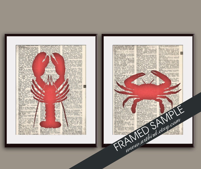 Lobster and Crab Dictionary Art (series A) Set of 2 11x14 Art Prints (ART BIRD Art Prints - Modern Elegance)