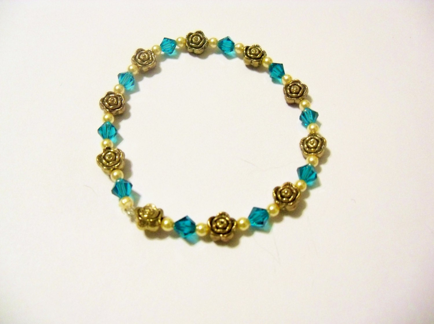 Handmade Bracelet Stretchable Swarovski Teal Pearl Flower Gold Metal Beads Bridal Jewelry Holiday Special Occasion Gift Idea