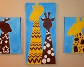 Giraffe paintings- set of 3- brown, blue, yellow, khaki