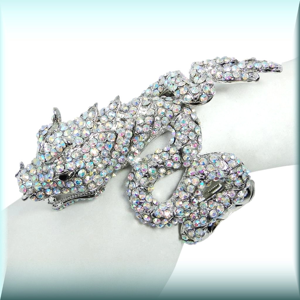 Big Rhinestone Bracelet Dragon Chunky Bold Dynamic Garden Cocktail Party Mad Men Rockabilly Gown Prom Dress