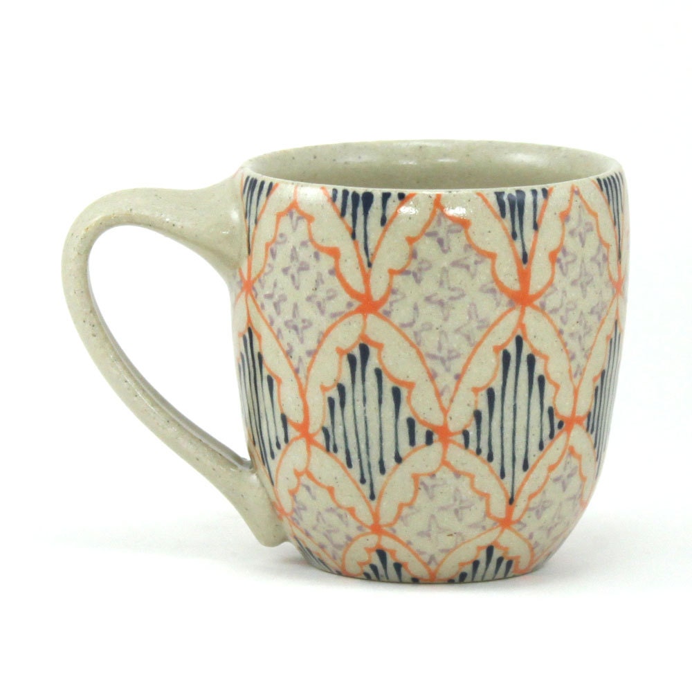 Ceramic Teacup - Mug with Orange, Navy and Purple Pattern