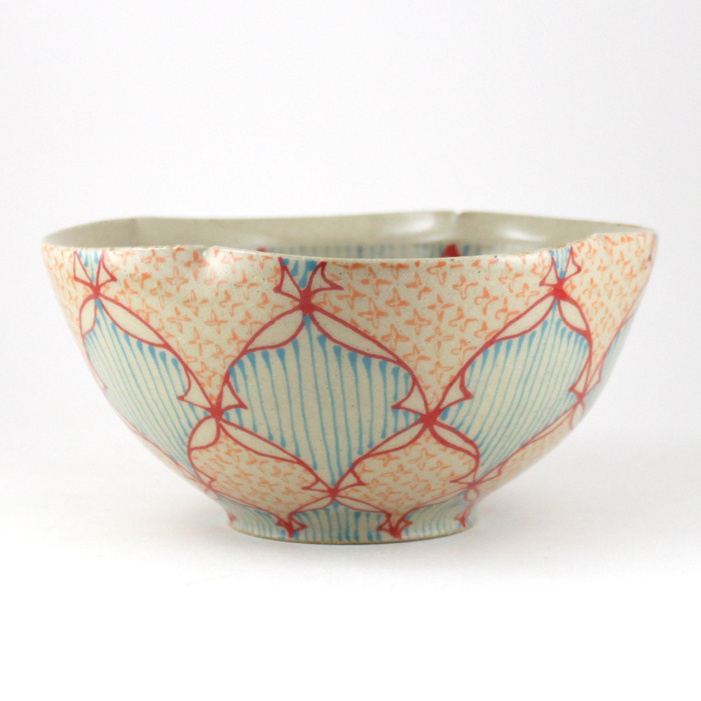 Ceramic Bowl with Red, Turquoise and Orange Pattern