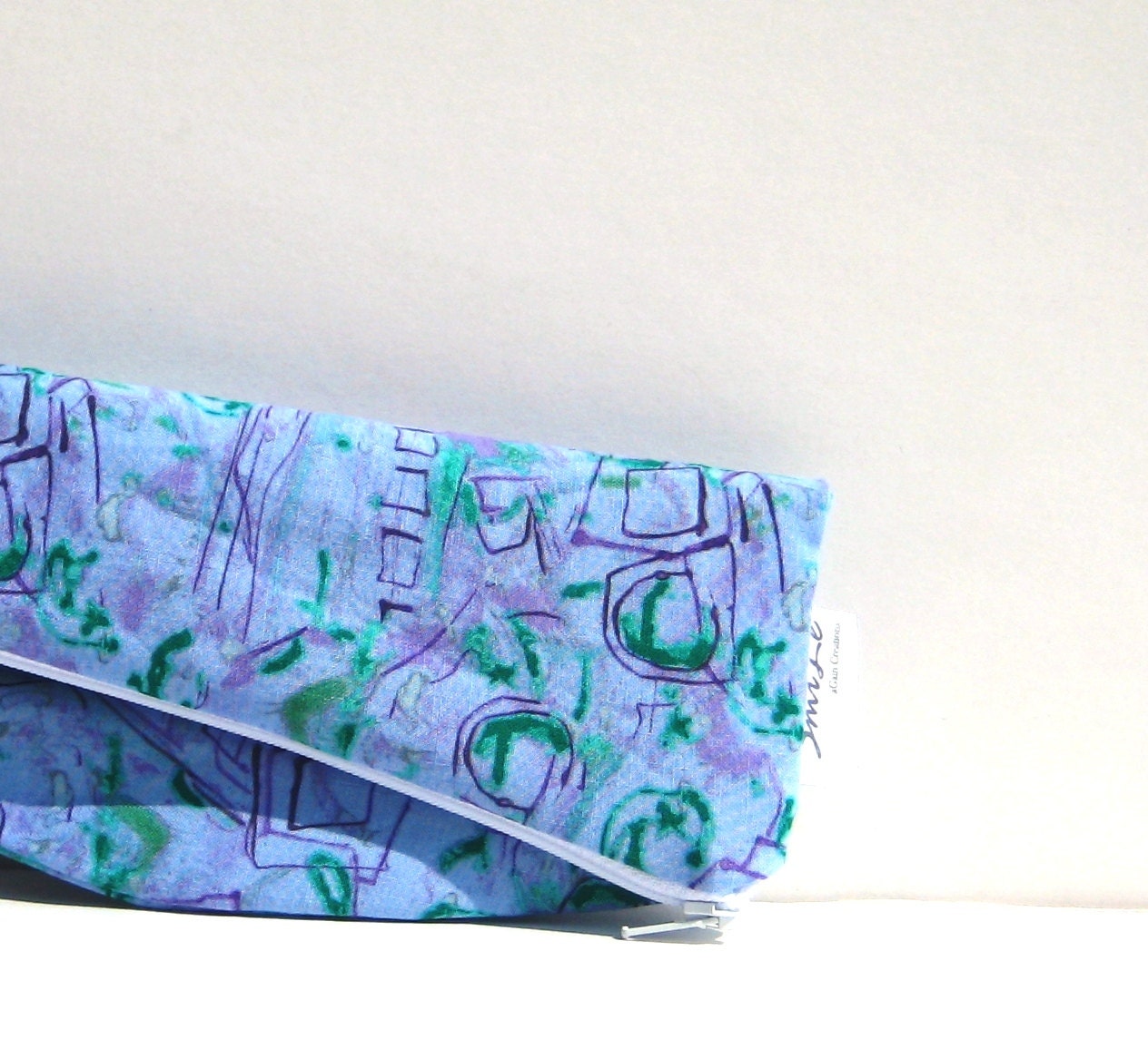 Small FoldOver Clutch Purse. Zipper Pouch. Modern Fashion Graffiti Pattern Pantone Colors Lilac Purple and Emerald Green. Spring Line.