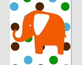 SALE - Polka Dot Elephant - 8x10 Print - Modern Nursery Decor - Red Orange, Green, Blue, Chocolate Brown
