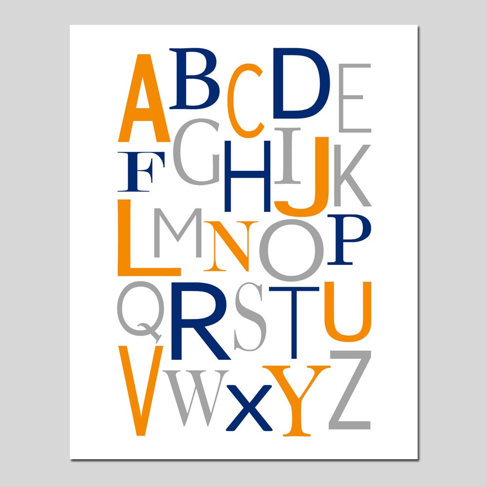 SALE - Alphabet - 8x10 Print - Nursery, Kids, Learning, Educational, ABCs - Navy Blue, Orange, and Gray