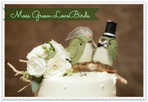 Moss Green Birds with Top Hat Wedding Cake Topper - MADE TO ORDER