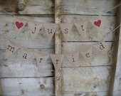 Just Married double burlap banner with hearts, in lowercase old type, black lettering