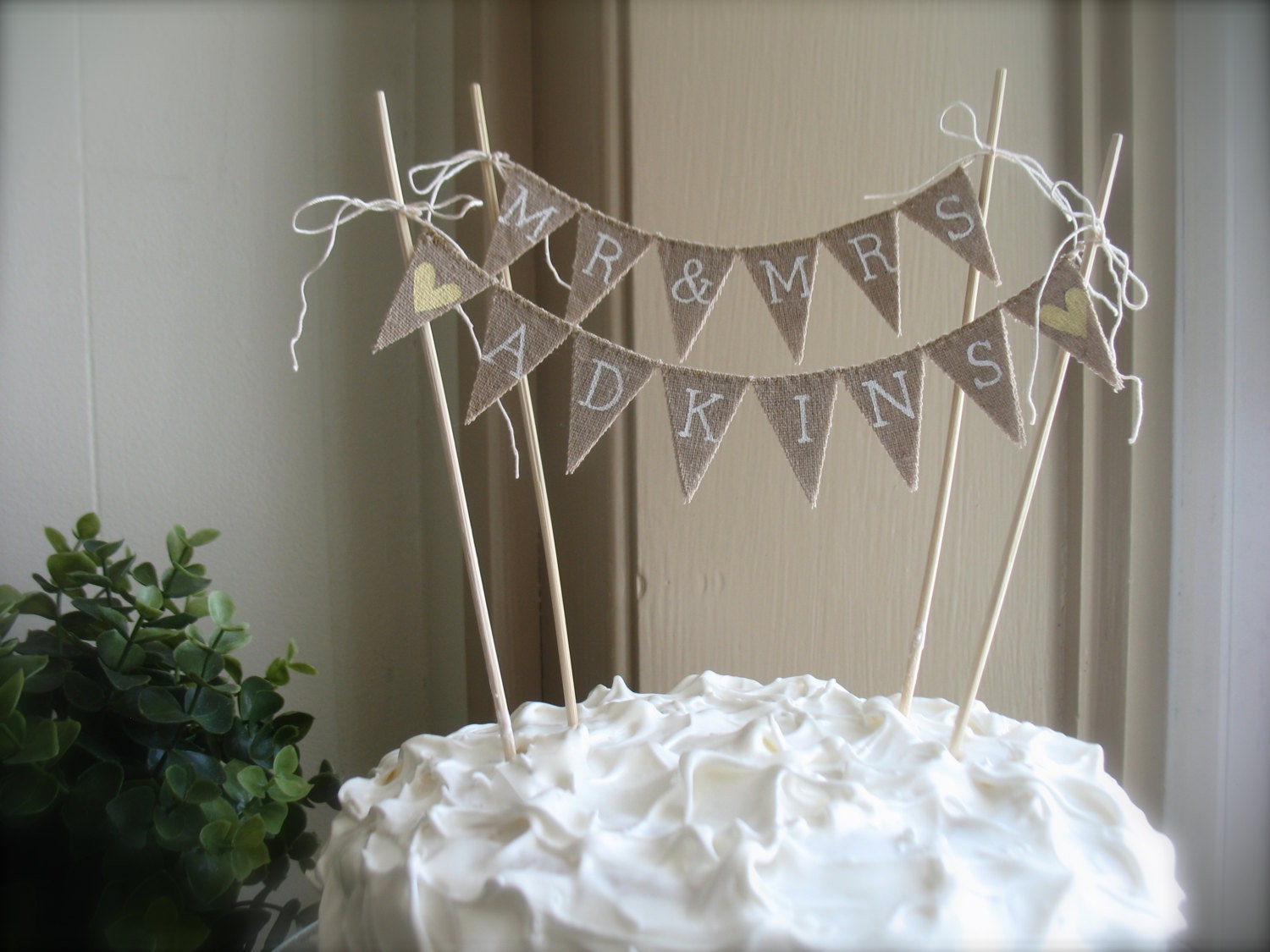 Custom surname baker banner with Mr&MRS, white lettering, tea dyed cotton. hearts