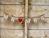 MR. (heart) MRS. burlap banner in white lettering, Wedding, photo prop, cake table, bunting, sign,