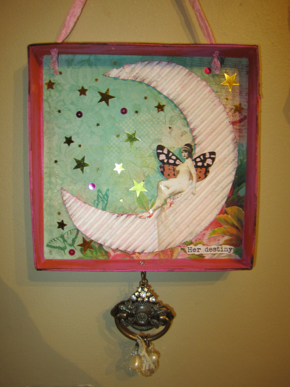 Mixed Media Fairy Art, Fairy Wall Art, Collage, Fairy Collage, Wall Art, Dimensional  Wall Art, Fairy Moon Art