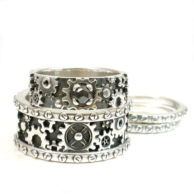 His and Hers Steampunk Gear Ring Set - Sterling Silver and Black Diamond