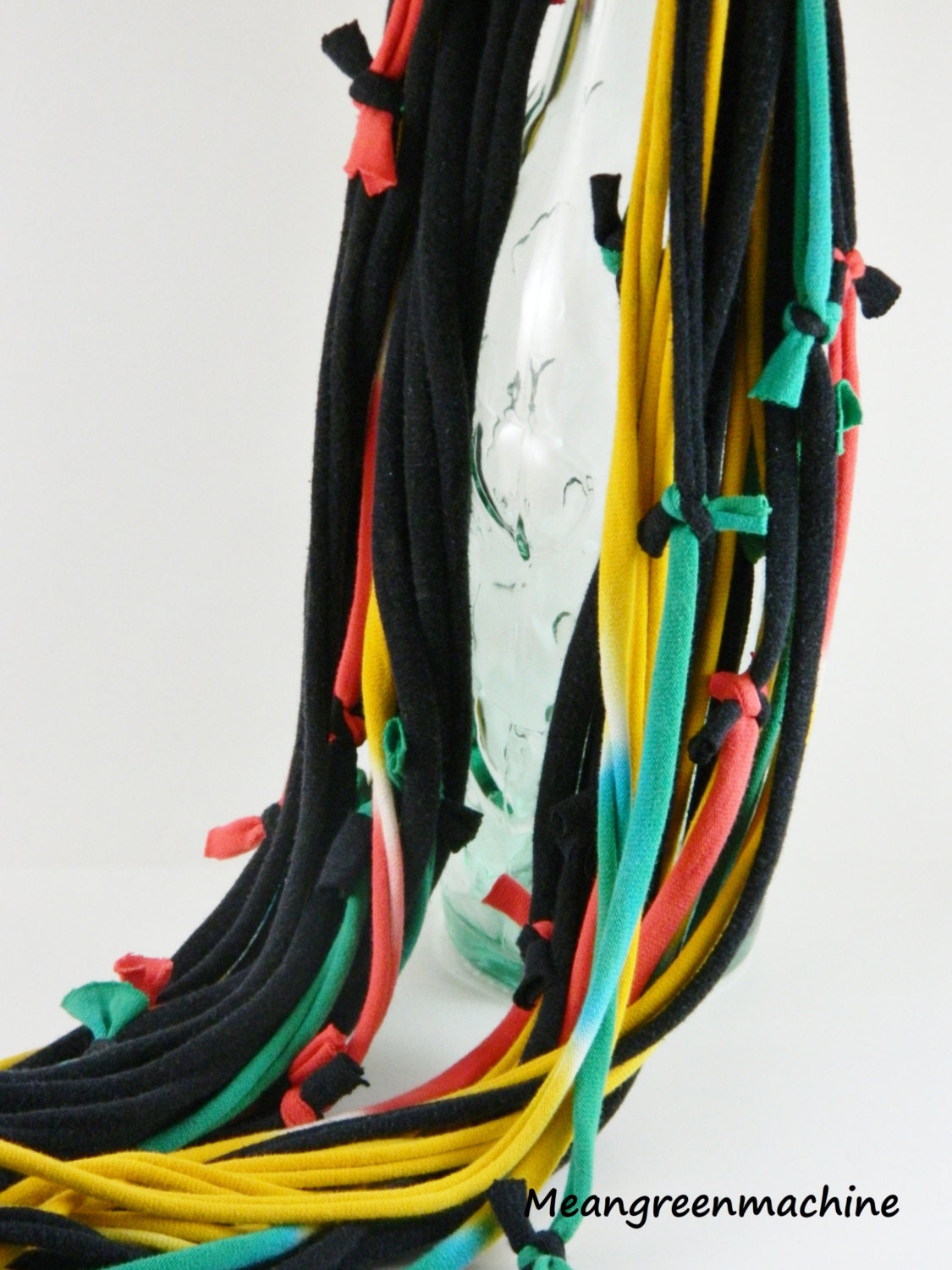 Red, Orange, Yellow, and Black Rasta Scarf/Necklace Made out of Recycled Tie Dyed T-Shirt Yarn, T Shirt Yarn