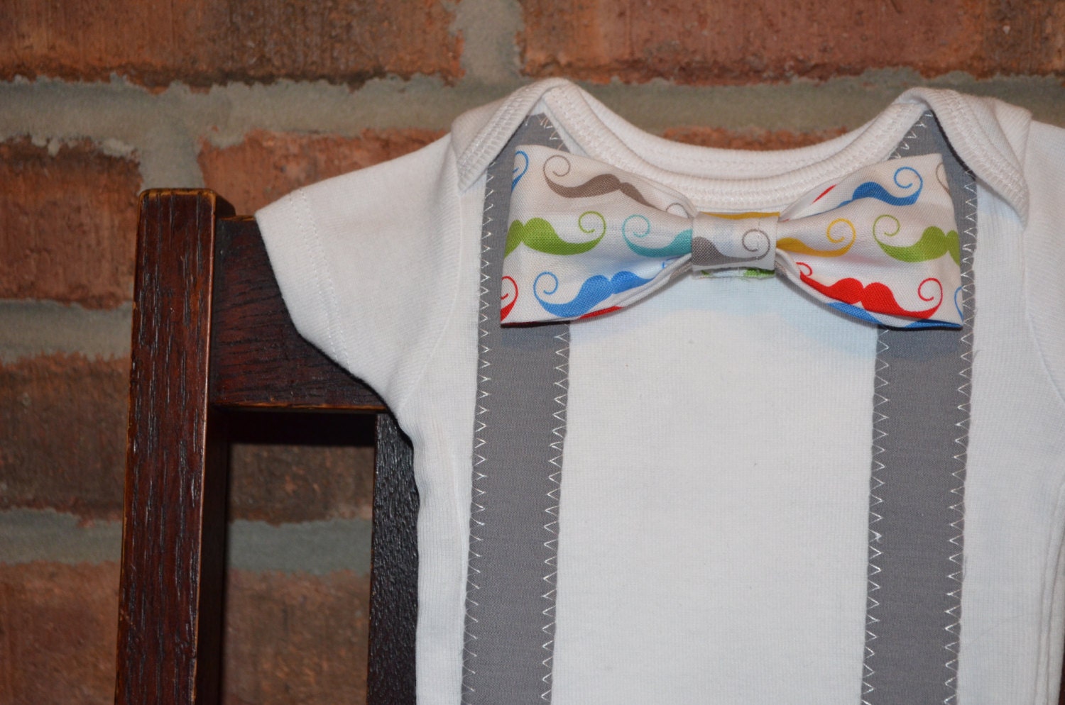New Baby Boy Bowtie Onesie with Suspenders Geekly Mustache Coming Home Outfit Bow Tie Onesie